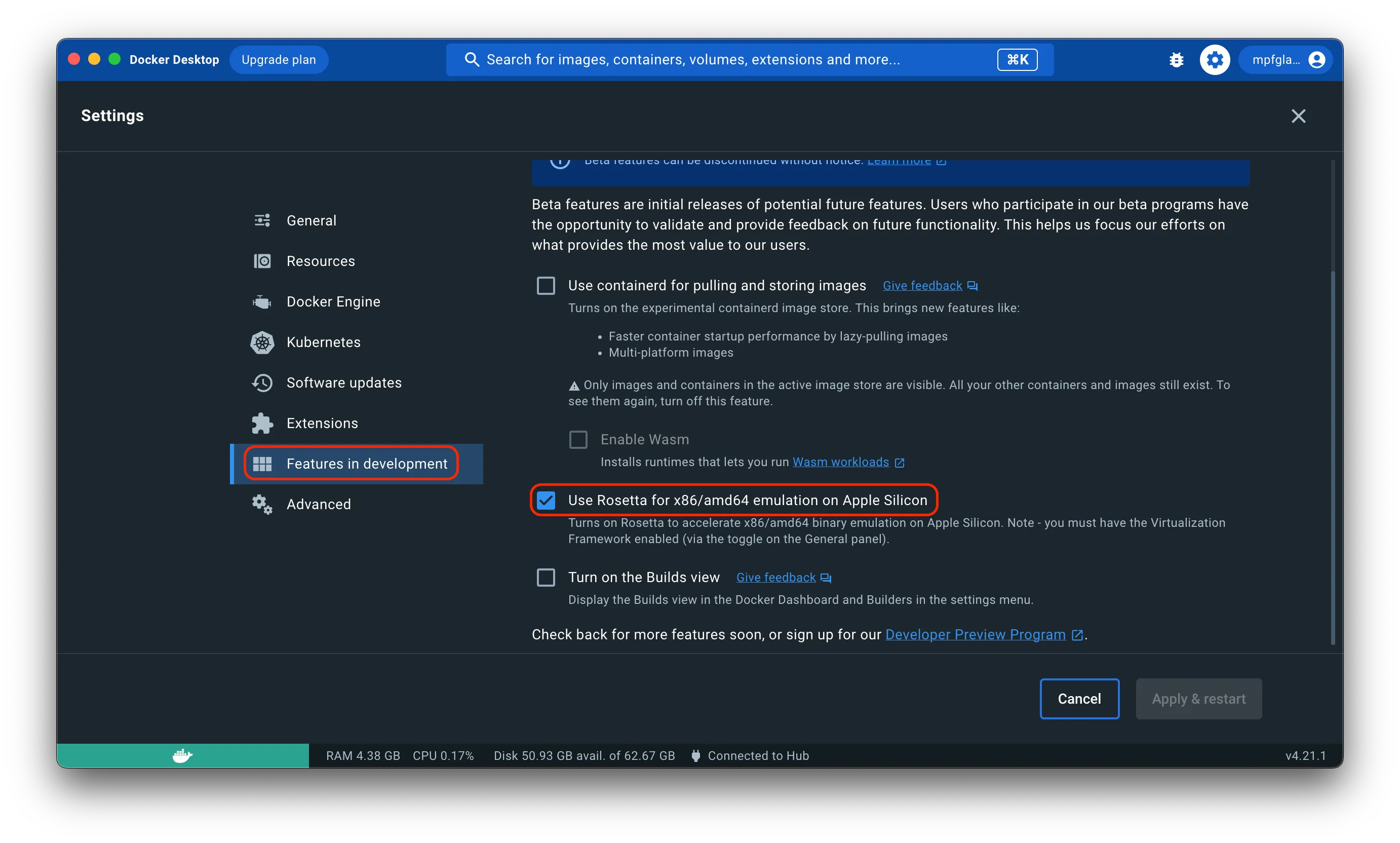 Docker Desktop Rosetta 2 - Step 1
